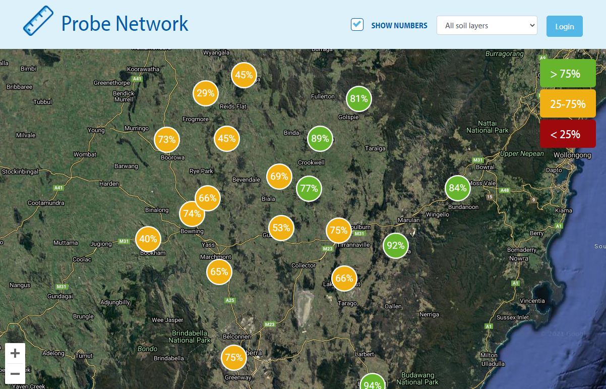 Farming Forecaster area map showing live moisture percentages from different probes across the region